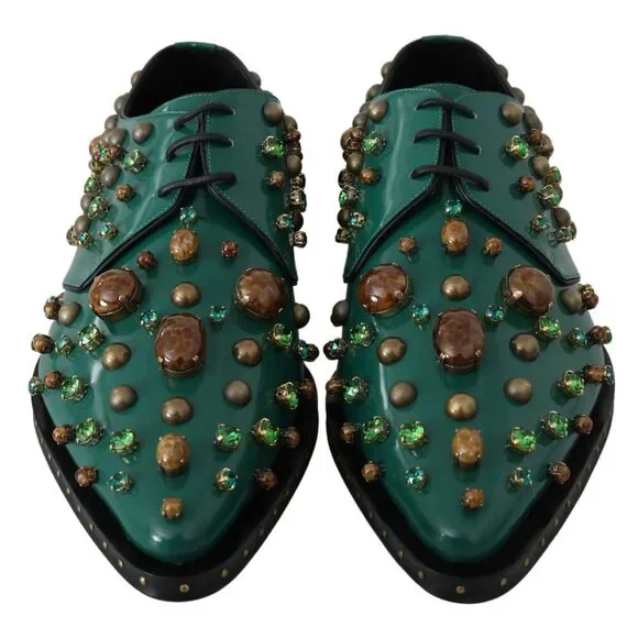 Dolce & Gabbana Emerald Leather Dress Shoes with Crystal Accents - Picture 4 of 9